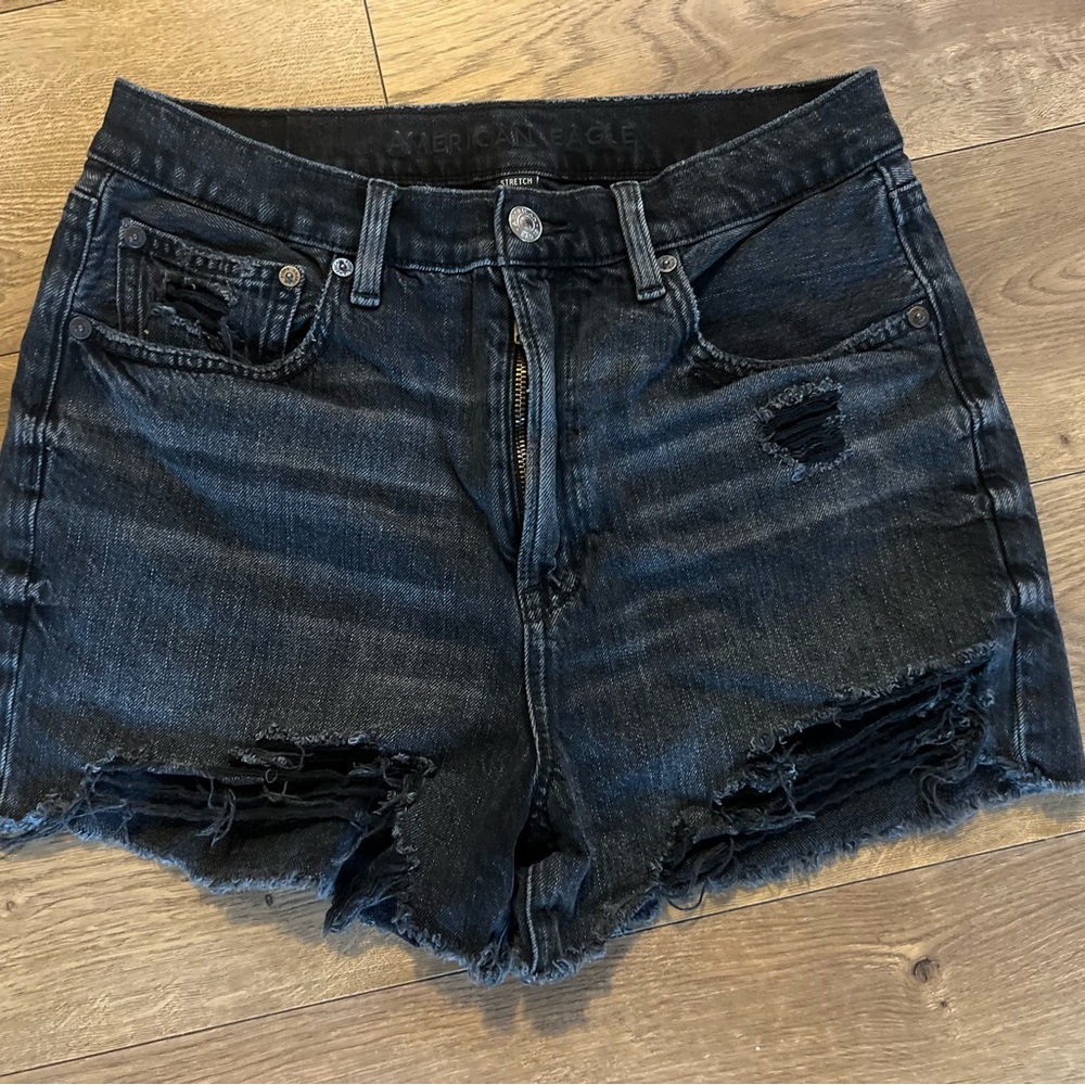 American Eagle Outfitters Black Ripped High-Rise Denim Shorts